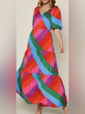Skies Are Blue Diagonal Colorblock Tiered Maxi Skirt - Pink, Blue & Green